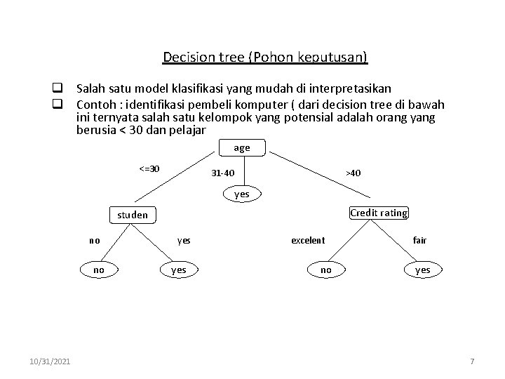 Decision tree (Pohon keputusan) q Salah satu model klasifikasi yang mudah di interpretasikan q