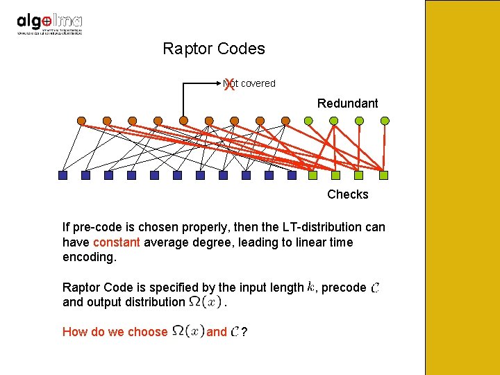 Raptor Codes X Not covered Redundant Checks If pre-code is chosen properly, then the