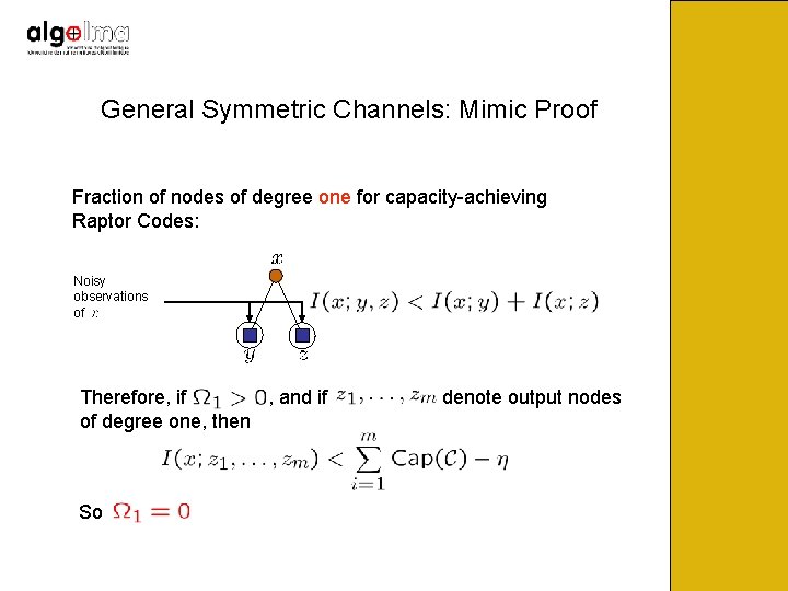 General Symmetric Channels: Mimic Proof Fraction of nodes of degree one for capacity-achieving Raptor