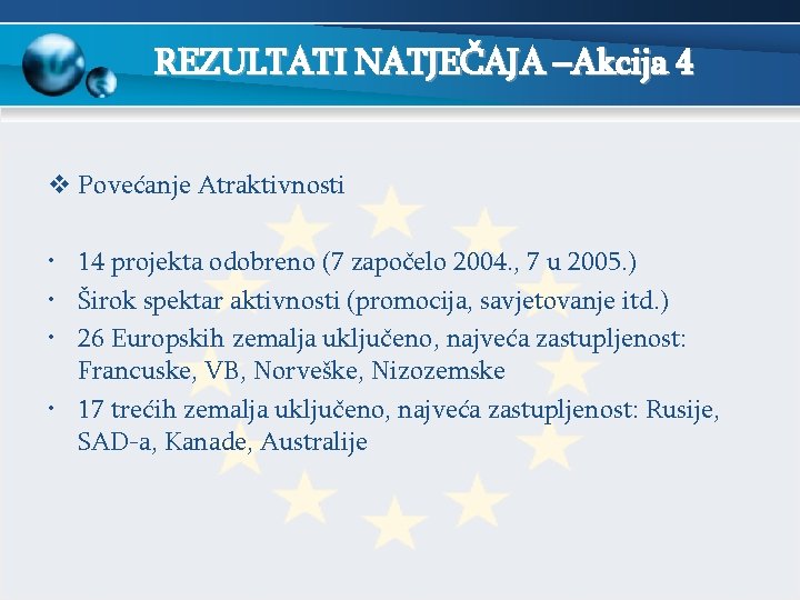 REZULTATI NATJEČAJA –Akcija 4 v Povećanje Atraktivnosti • 14 projekta odobreno (7 započelo 2004.