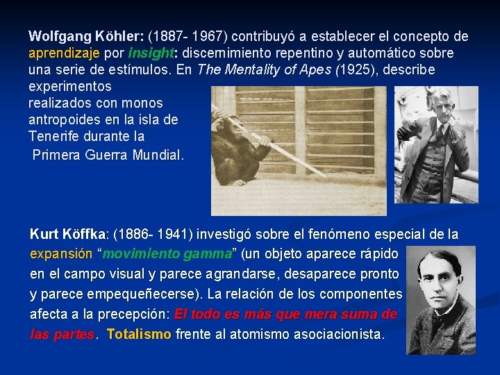 Wolfgang Köhler: (1887 - 1967) contribuyó a establecer el concepto de aprendizaje por insight: