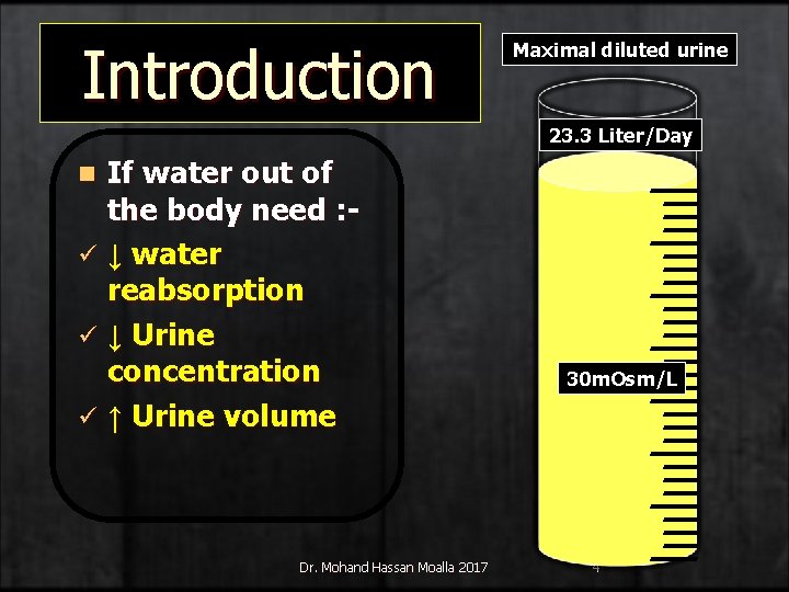 Introduction Maximal diluted urine 23. 3 Liter/Day If water out of the body need