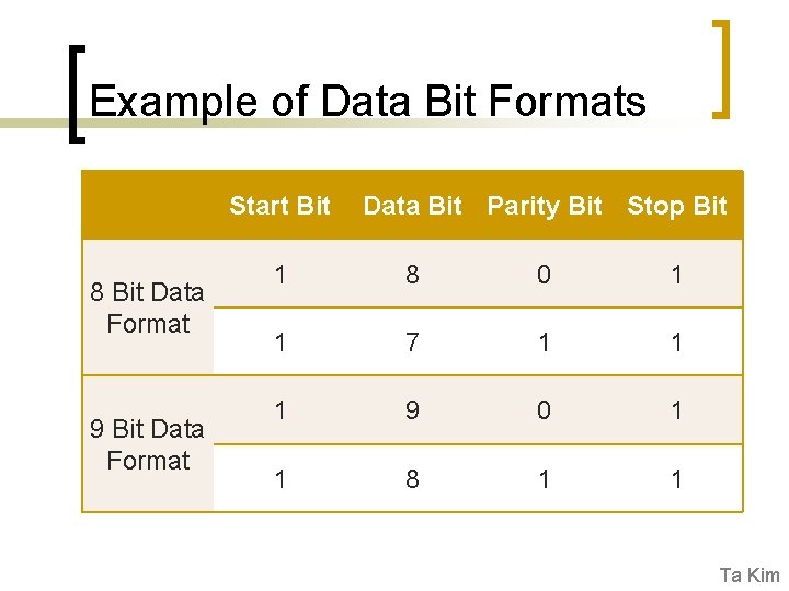 Example of Data Bit Formats Start Bit 8 Bit Data Format 9 Bit Data