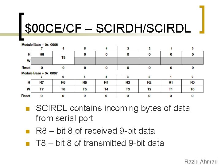 $00 CE/CF – SCIRDH/SCIRDL n n n SCIRDL contains incoming bytes of data from