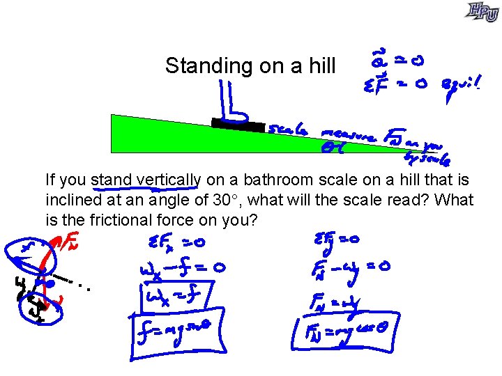 Standing on a hill If you stand vertically on a bathroom scale on a