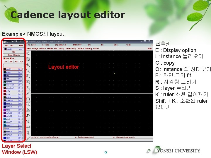 Cadence layout editor Example> NMOS의 layout 단축키 E : Display option I : Instance