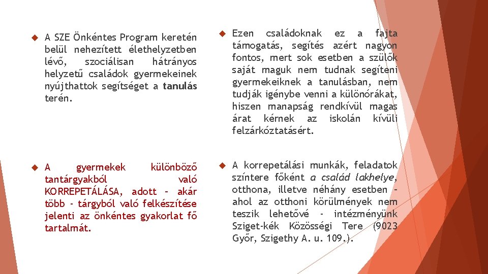 A SZE Önkéntes Program keretén belül nehezített élethelyzetben lévő, szociálisan hátrányos helyzetű családok A SZE Önkéntes Program keretén belül nehezített élethelyzetben lévő, szociálisan hátrányos helyzetű családok