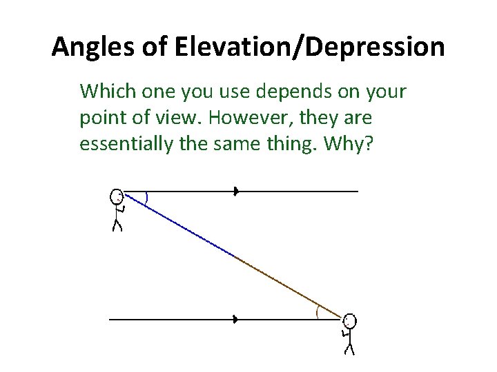 Angles of Elevation/Depression Which one you use depends on your point of view. However,