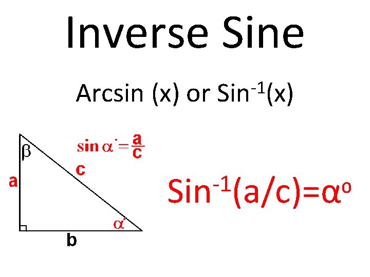 Inverse Sine Arcsin (x) or -1 Sin (x) -1 Sin (a/c)=α⁰ 