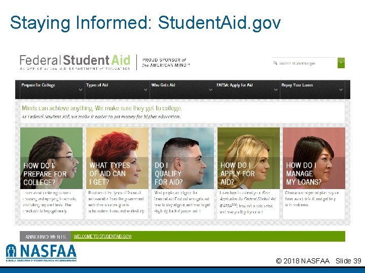 Staying Informed: Student. Aid. gov © 2018 NASFAA Slide 39 