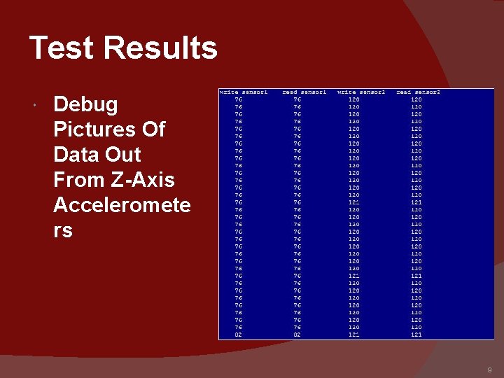 Test Results Debug Pictures Of Data Out From Z-Axis Acceleromete rs 9 