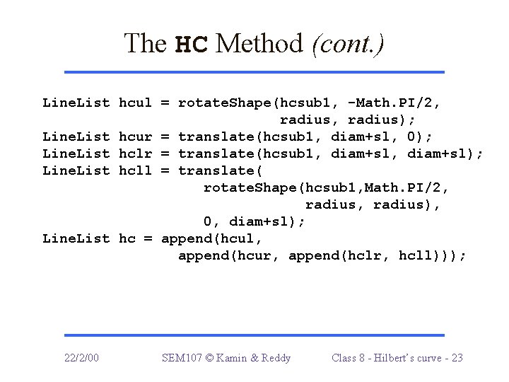 The HC Method (cont. ) Line. List hcul = rotate. Shape(hcsub 1, -Math. PI/2,