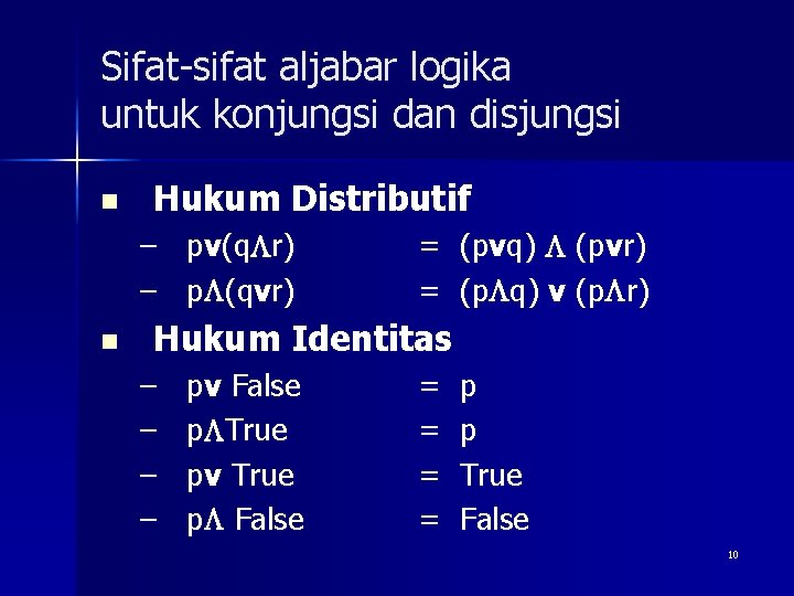 Sifat-sifat aljabar logika untuk konjungsi dan disjungsi n Hukum Distributif – pv(q r) –