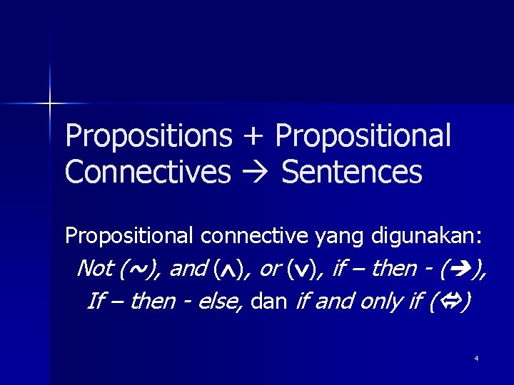 Propositions + Propositional Connectives Sentences Propositional connective yang digunakan: Not (~), and ( ),