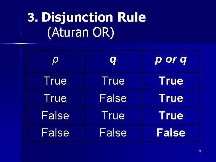 3. Disjunction Rule (Aturan OR) p q p or q True True False False