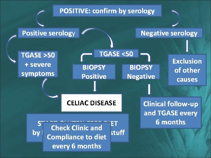 POSITIVE: confirm by serology Positive serology serolog TGASE >50 + severe symptoms Negative serology