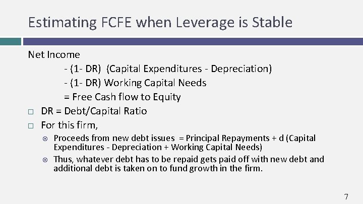 Estimating FCFE when Leverage is Stable Net Income - (1 - DR) (Capital Expenditures