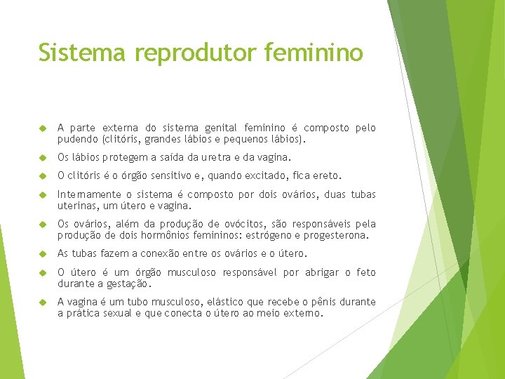 Sistema reprodutor feminino A parte externa do sistema genital feminino é composto pelo pudendo
