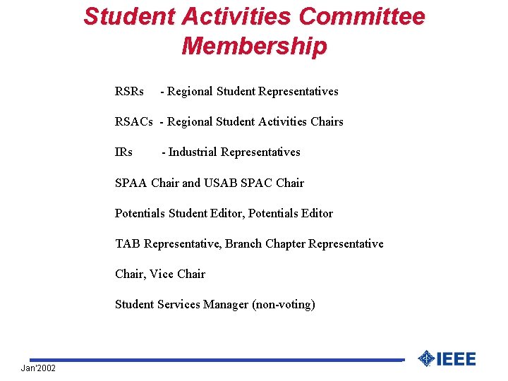 Student Activities Committee Membership RSRs - Regional Student Representatives RSACs - Regional Student Activities