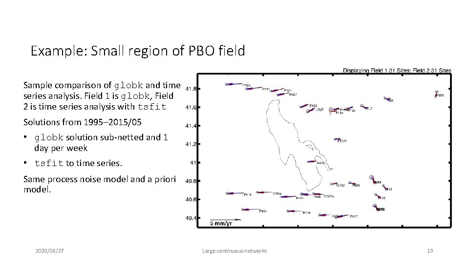 Example: Small region of PBO field Sample comparison of globk and time series analysis.