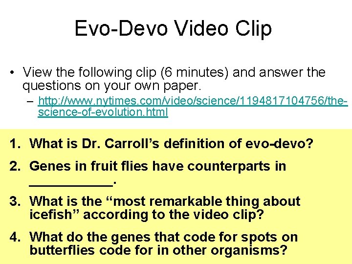 Evo-Devo Video Clip • View the following clip (6 minutes) and answer the questions