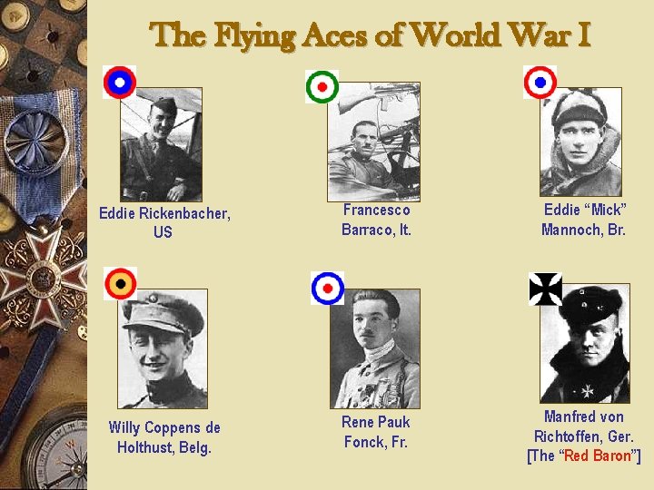 The Flying Aces of World War I Eddie Rickenbacher, US Francesco Barraco, It. Eddie