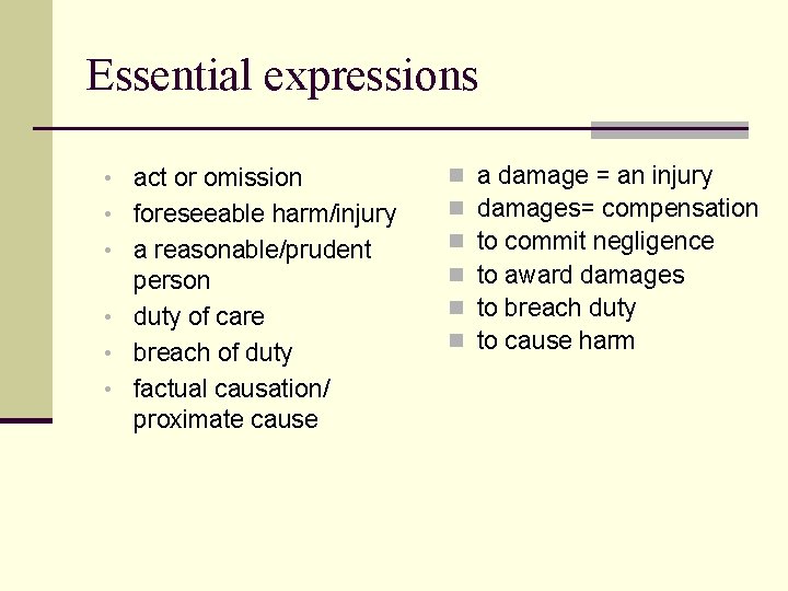 Essential expressions • act or omission • foreseeable harm/injury • a reasonable/prudent person •