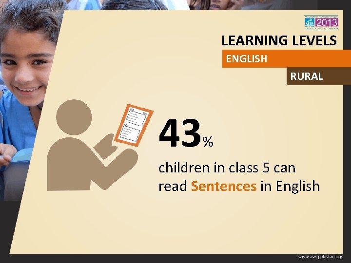 LEARNING LEVELS ENGLISH RURAL 43 % children in class 5 can read Sentences in