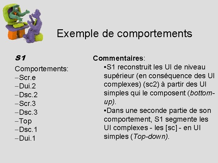 Exemple de comportements S 1 Comportements: -Scr. e -Dui. 2 -Dsc. 2 -Scr. 3