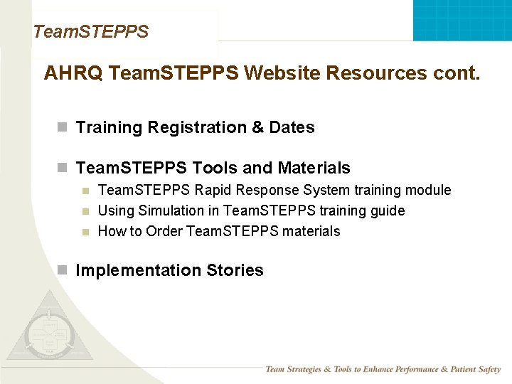 Team. STEPPS AHRQ Team. STEPPS Website Resources cont. n Training Registration & Dates n