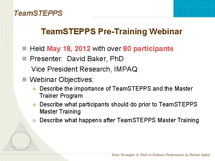 Team. STEPPS Pre-Training Webinar n Held May 18, 2012 with over 80 participants n