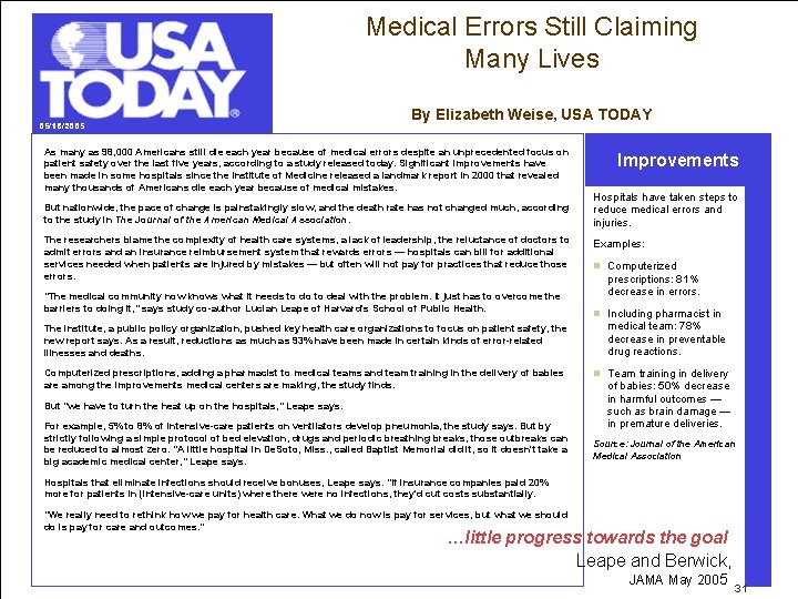 Medical Errors Still Claiming Many Lives Team. STEPPS By Elizabeth Weise, USA TODAY 05/18/2005