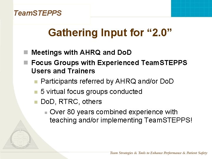 Team. STEPPS Gathering Input for “ 2. 0” n Meetings with AHRQ and Do.