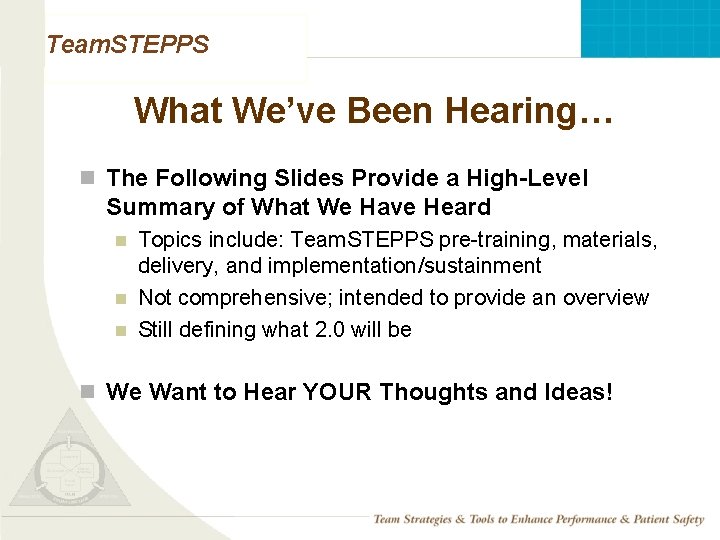 Team. STEPPS What We’ve Been Hearing… n The Following Slides Provide a High-Level Summary