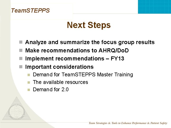 Team. STEPPS Next Steps n Analyze and summarize the focus group results n Make