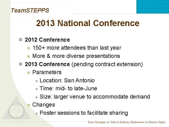 Team. STEPPS 2013 National Conference n 2012 Conference 150+ more attendees than last year
