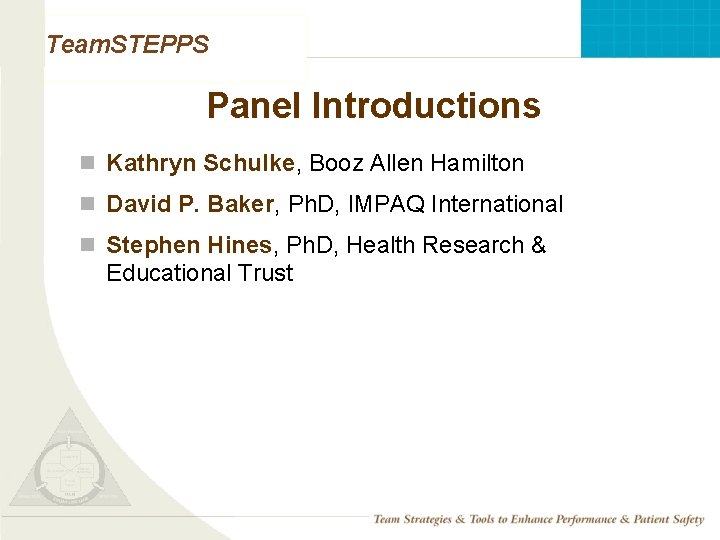 Team. STEPPS Panel Introductions n Kathryn Schulke, Booz Allen Hamilton n David P. Baker,