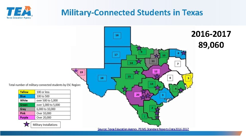 Military-Connected Students in Texas 2016 -2017 89, 060 Source: Texas Education Agency, PEIMS Standard