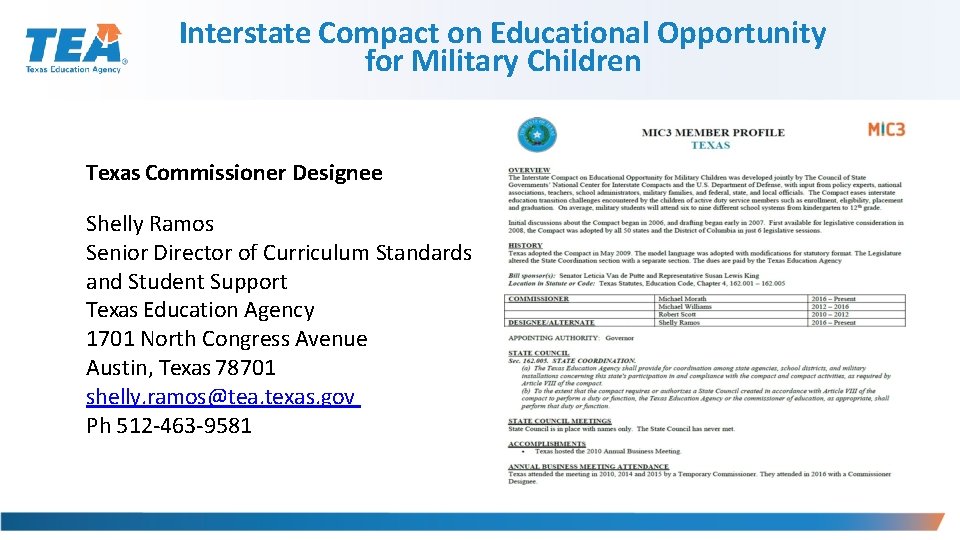 Interstate Compact on Educational Opportunity for Military Children Texas Commissioner Designee Shelly Ramos Senior