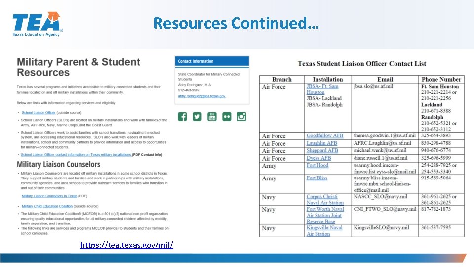 Resources Continued… https: //tea. texas. gov/mil/ 