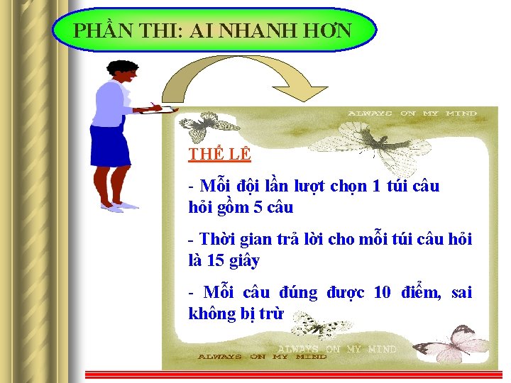 PHẦN THI: AI NHANH HƠN THỂ LỆ - Mỗi đội lần lượt chọn 1