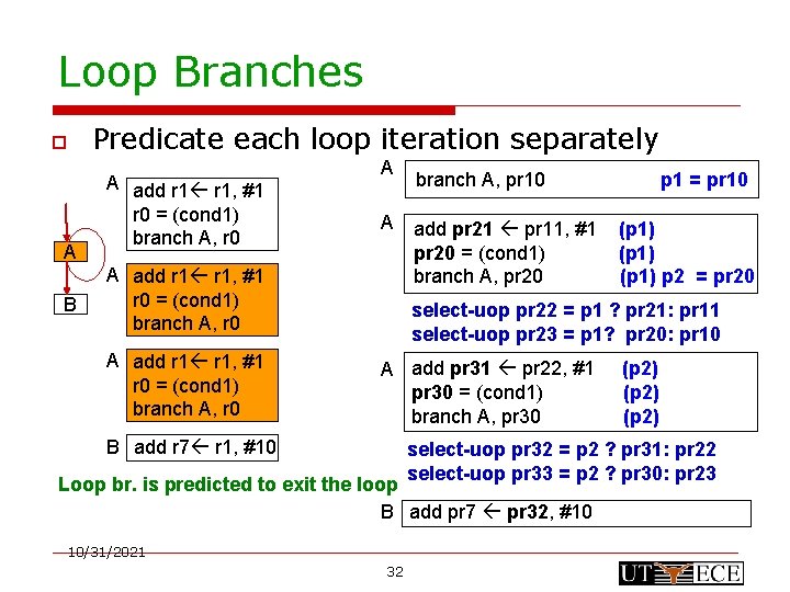 Loop Branches o A B Predicate each loop iteration separately A add r 1,