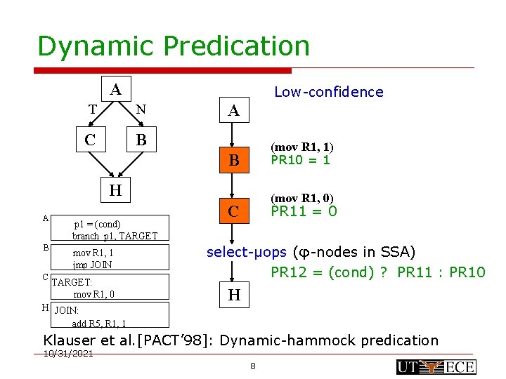 Dynamic Predication A Low-confidence T N C B A (mov R 1, 1) PR