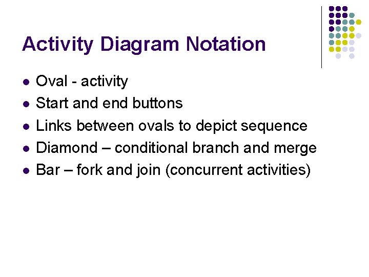 Activity Diagram Notation l l l Oval - activity Start and end buttons Links