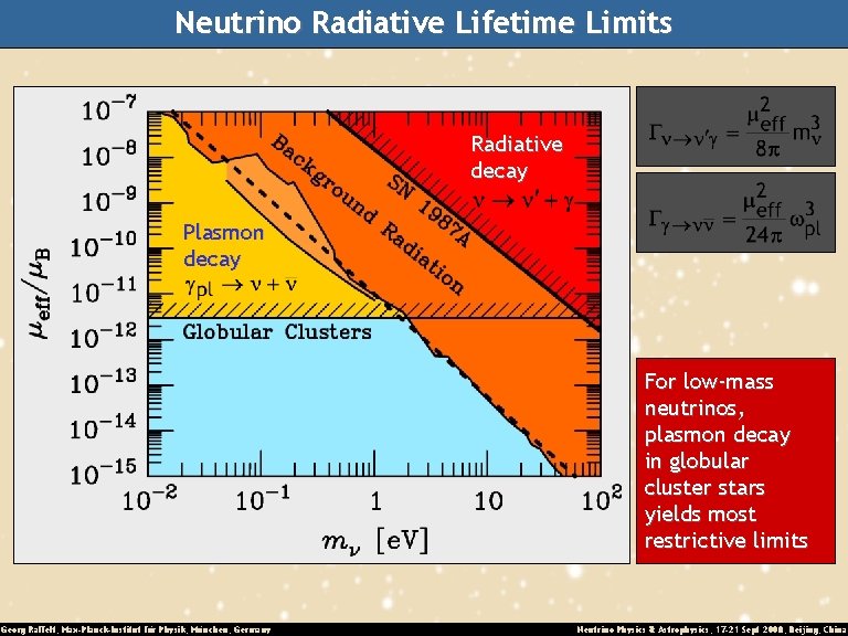 Neutrino Radiative Lifetime Limits Radiative decay Plasmon decay For low-mass neutrinos, plasmon decay in