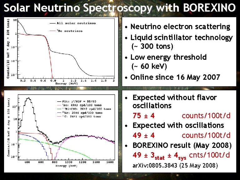 Solar Neutrino Spectroscopy with BOREXINO • Neutrino electron scattering • Liquid scintillator technology (~