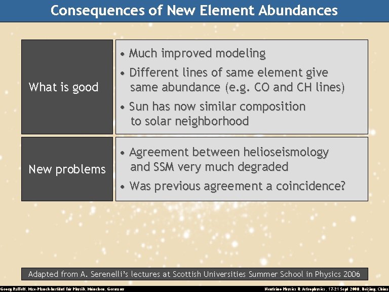 Consequences of New Element Abundances • Much improved modeling What is good • Different