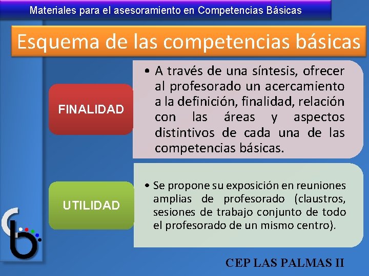 Materiales para el asesoramiento en Competencias Básicas Esquema de las competencias básicas FINALIDAD •