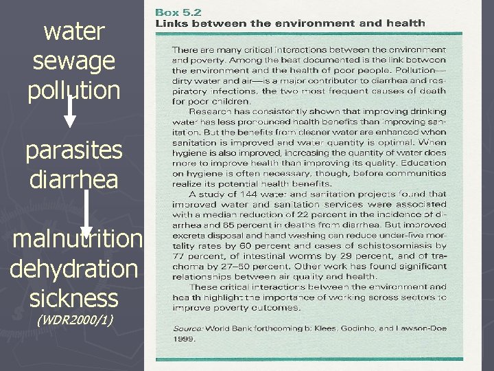 water sewage pollution parasites diarrhea malnutrition dehydration sickness (WDR 2000/1) 