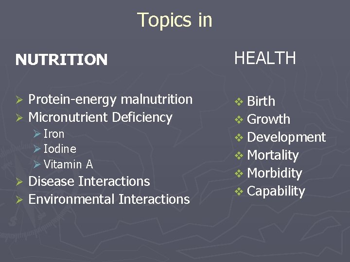 Topics in NUTRITION HEALTH Protein-energy malnutrition Ø Micronutrient Deficiency v Birth Ø Ø Iron